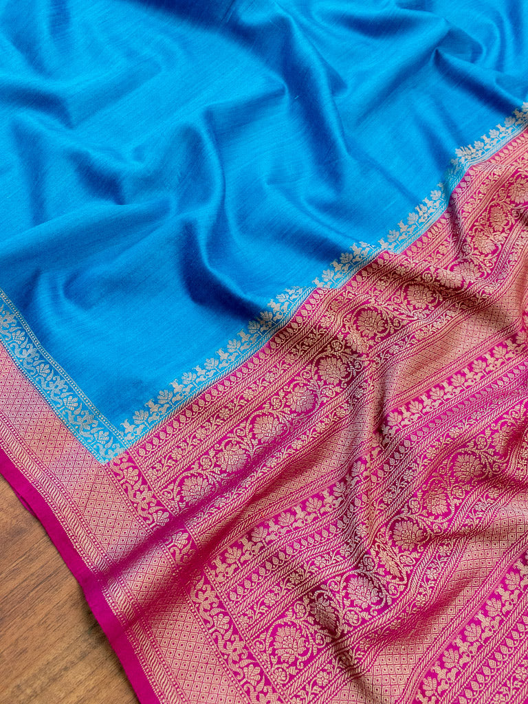 Banarasi Handwoven Pure Muga Silk Saree With Antique Resham Border-Blue & Deep Purple