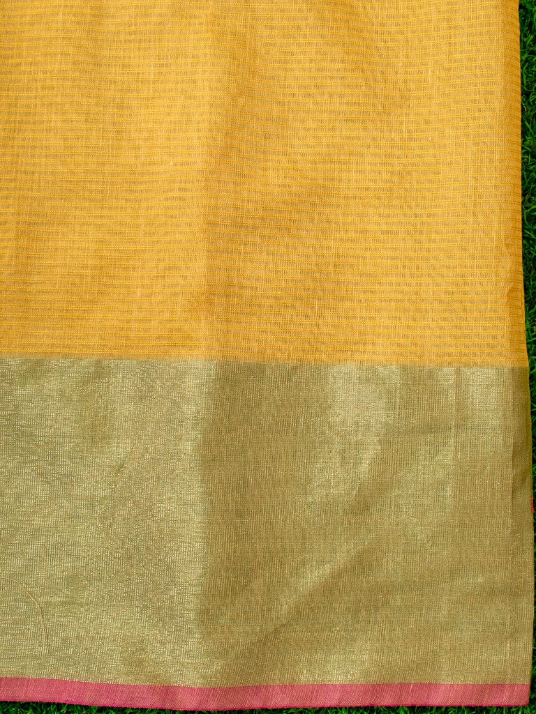 Banarasi Cotton Silk Saree Plain Body With Antique Zari Border-Yellow