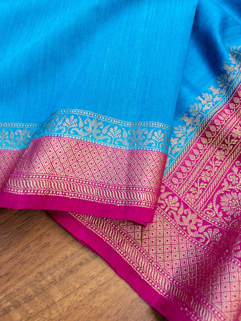 Banarasi Handwoven Pure Muga Silk Saree With Antique Resham Border-Blue & Deep Purple