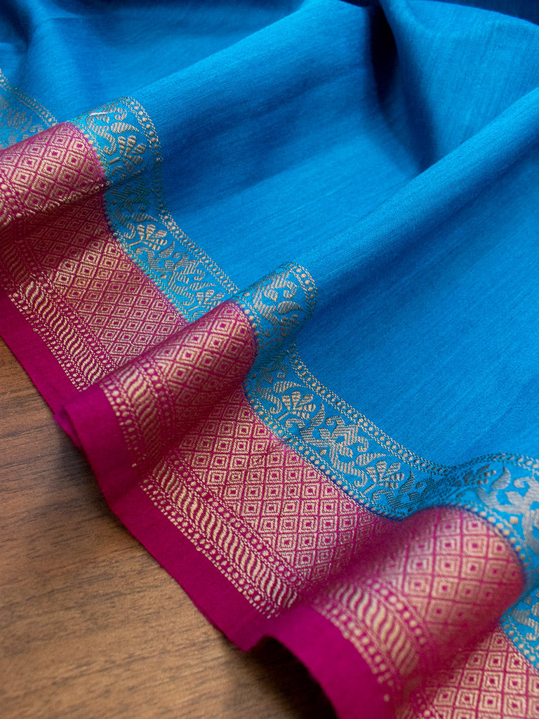 Banarasi Handwoven Pure Muga Silk Saree With Antique Resham Border-Blue & Deep Purple