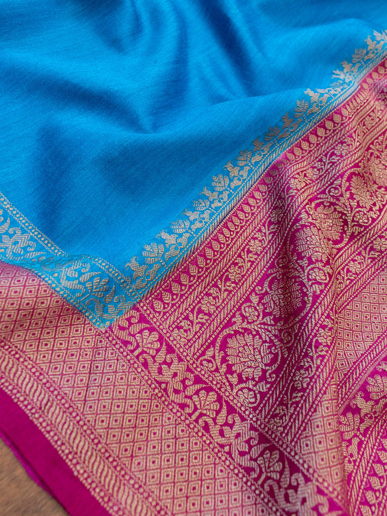Banarasi Handwoven Pure Muga Silk Saree With Antique Resham Border-Blue & Deep Purple