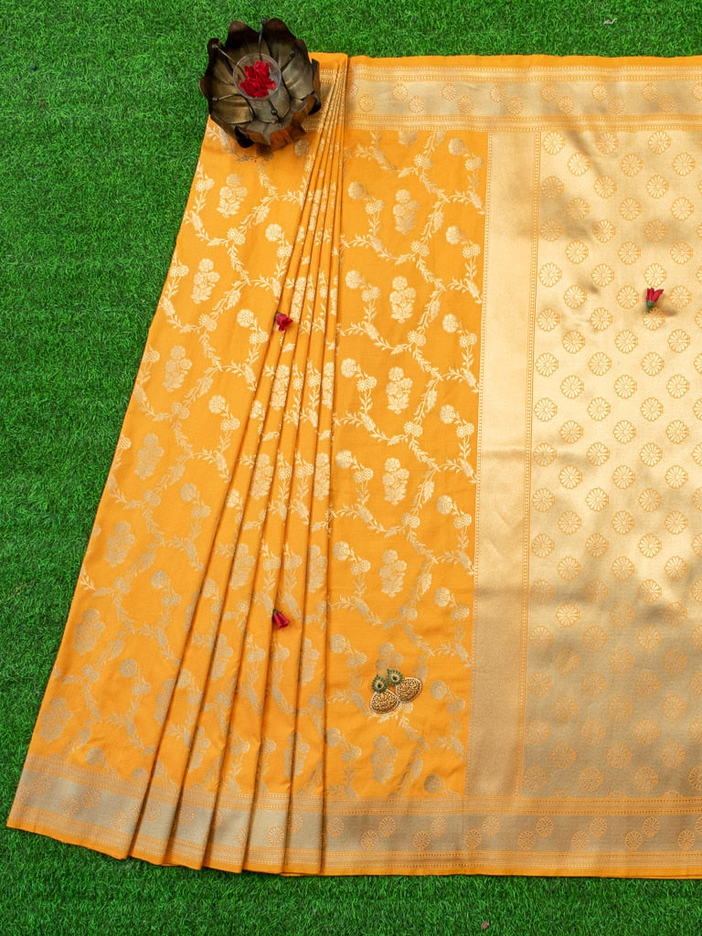 Banarasi Art Katan Silk Saree With Meena Floral Jaal Weaving-Yellow
