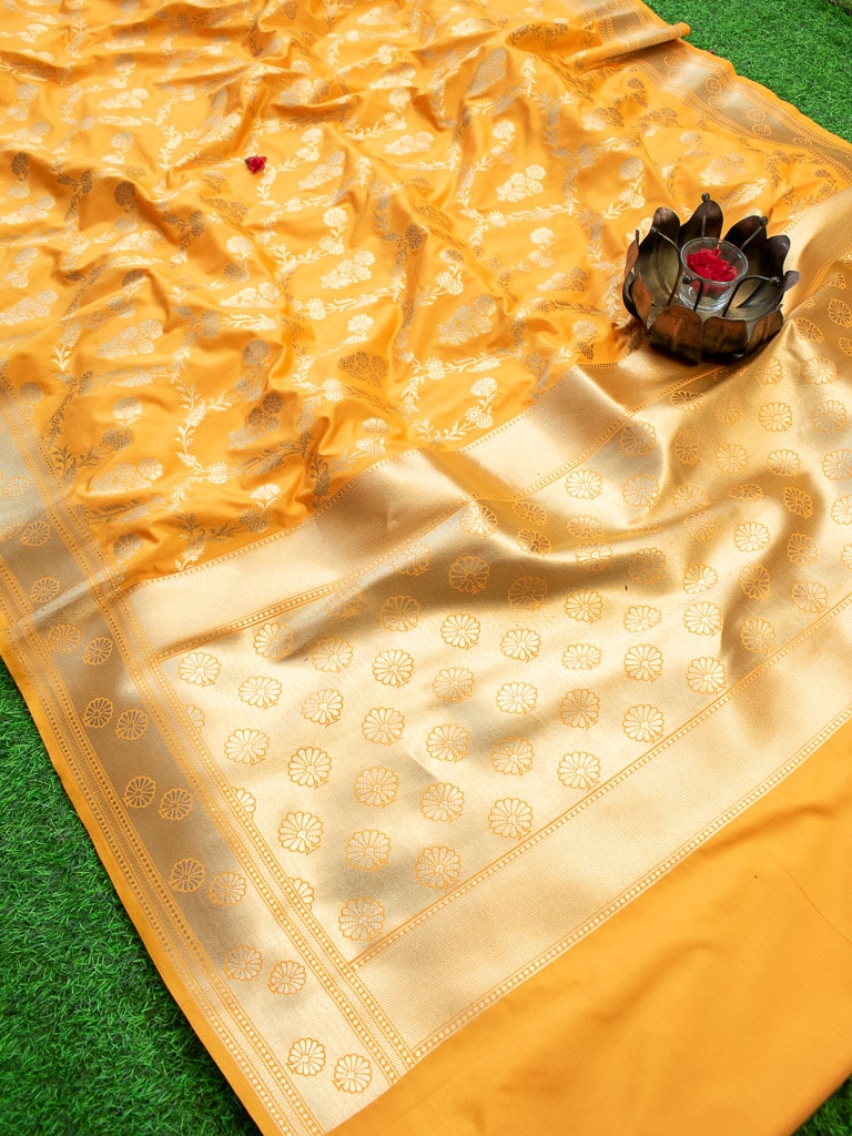 Banarasi Art Katan Silk Saree With Meena Floral Jaal Weaving-Yellow