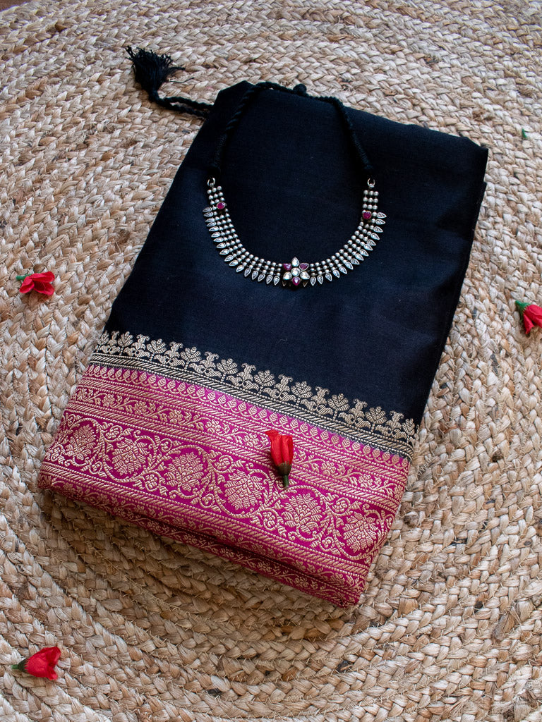 Banarasi Handwoven Pure Muga Silk Saree With Antique Resham Border-Black