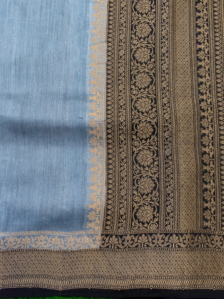 Banarasi Handwoven Pure Muga Silk Saree With Antique Resham Border-Grey & Black
