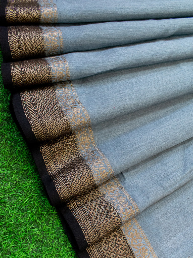Banarasi Handwoven Pure Muga Silk Saree With Antique Resham Border-Grey & Black