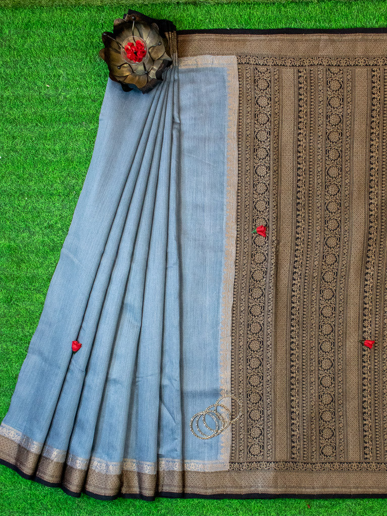 Banarasi Handwoven Pure Muga Silk Saree With Antique Resham Border-Grey & Black