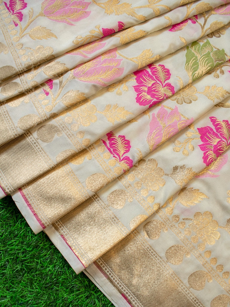 Banarasi Handloom Art Katan Silk Saree With Meena Floral Jaal Weaving-Ivory White