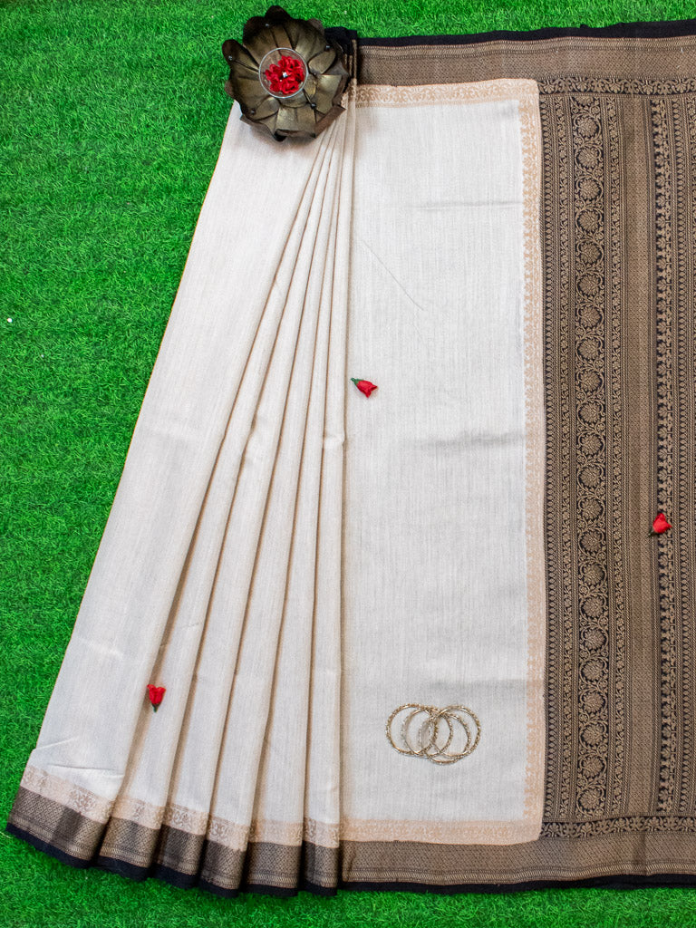 Banarasi Handwoven Pure Muga Silk Saree With Antique Resham Border-Beige