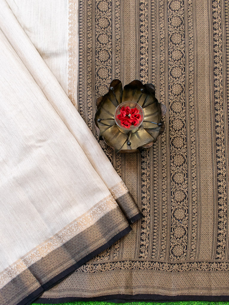 Banarasi Handwoven Pure Muga Silk Saree With Antique Resham Border-Beige
