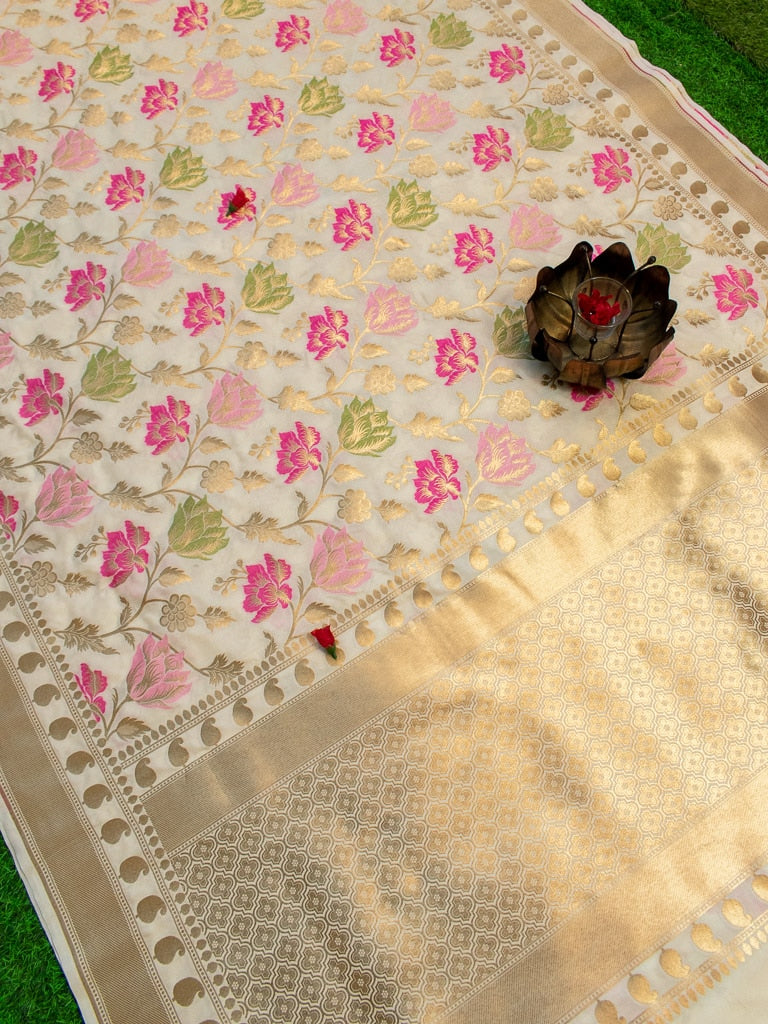 Banarasi Handloom Art Katan Silk Saree With Meena Floral Jaal Weaving-Ivory White