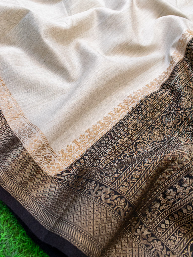 Banarasi Handwoven Pure Muga Silk Saree With Antique Resham Border-Beige
