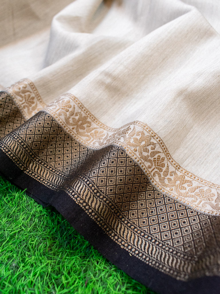 Banarasi Handwoven Pure Muga Silk Saree With Antique Resham Border-Beige