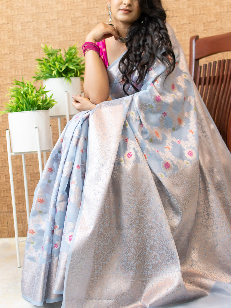 Banarasi Semi Silk Saree With Jaal Zari & Meena Weaving-Powder Blue