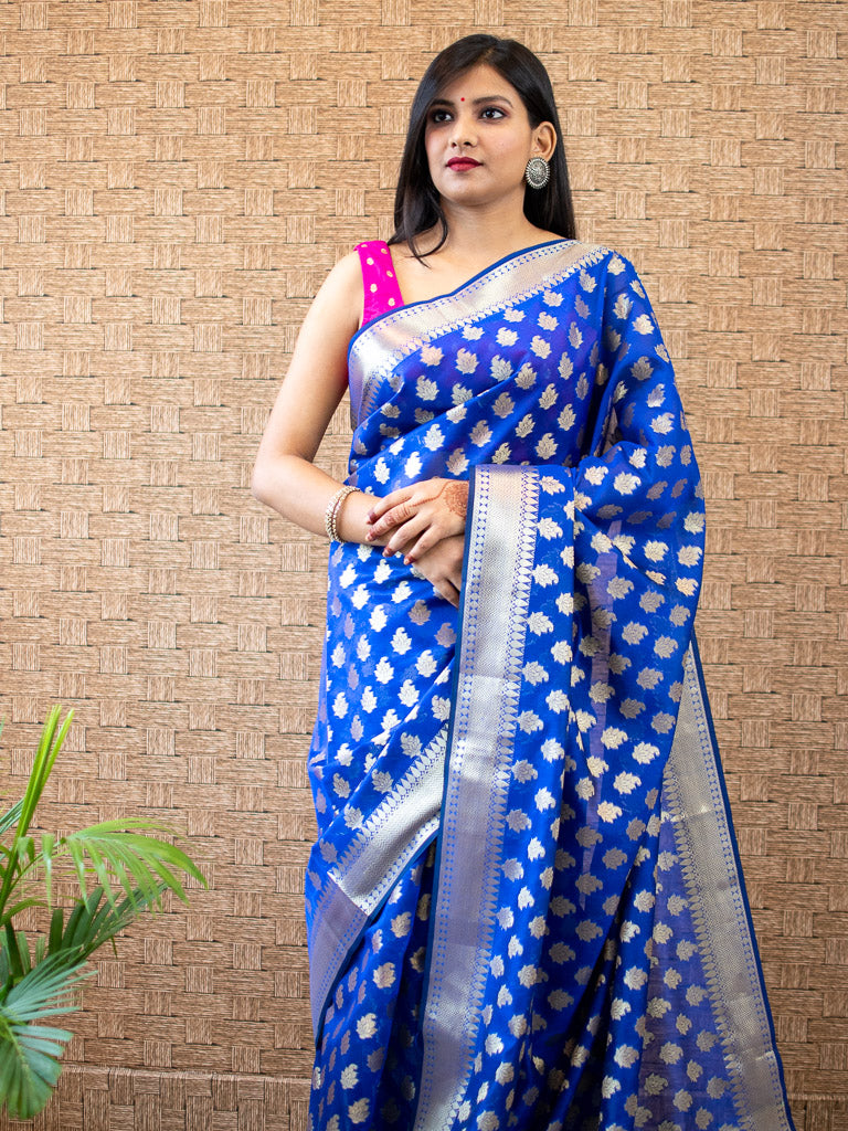 Banarasi Semi Silk Saree With Zari Buti Weaving-Royal Blue