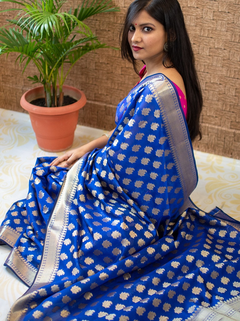 Banarasi Semi Silk Saree With Zari Buti Weaving-Royal Blue