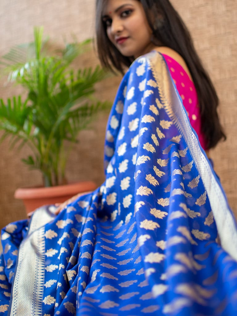 Banarasi Semi Silk Saree With Zari Buti Weaving-Royal Blue