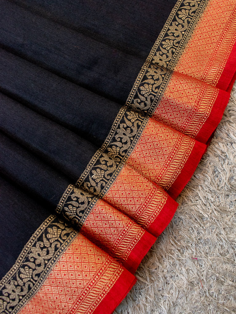 Banarasi Handwoven Pure Muga Silk Saree With Antique Resham Border-Black & Red