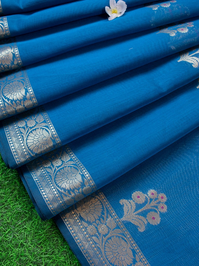 Banarasi Cotton Silk Saree With Zari & Meena Weaving Border-Blue