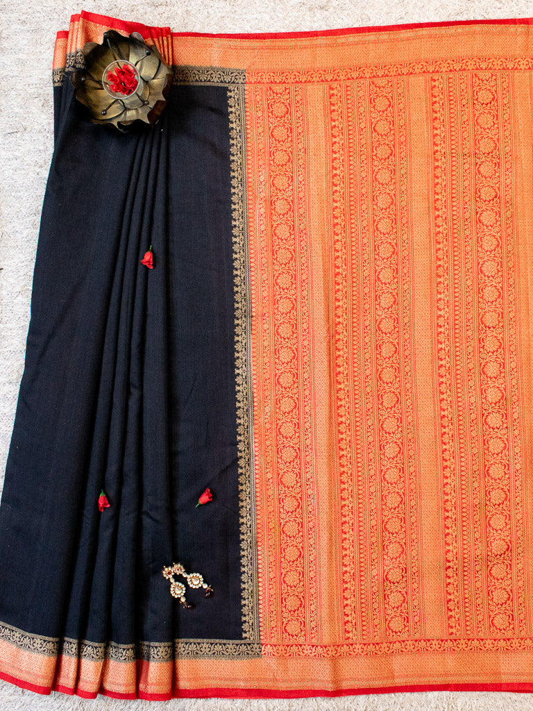 Banarasi Handwoven Pure Muga Silk Saree With Antique Resham Border-Black & Red