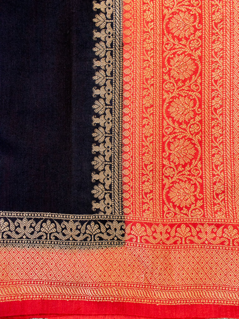 Banarasi Handwoven Pure Muga Silk Saree With Antique Resham Border-Black & Red
