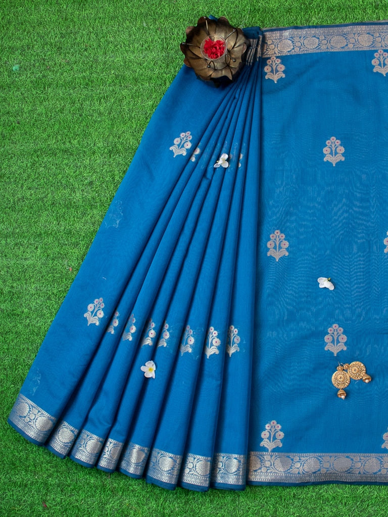 Banarasi Cotton Silk Saree With Zari & Meena Weaving Border-Blue
