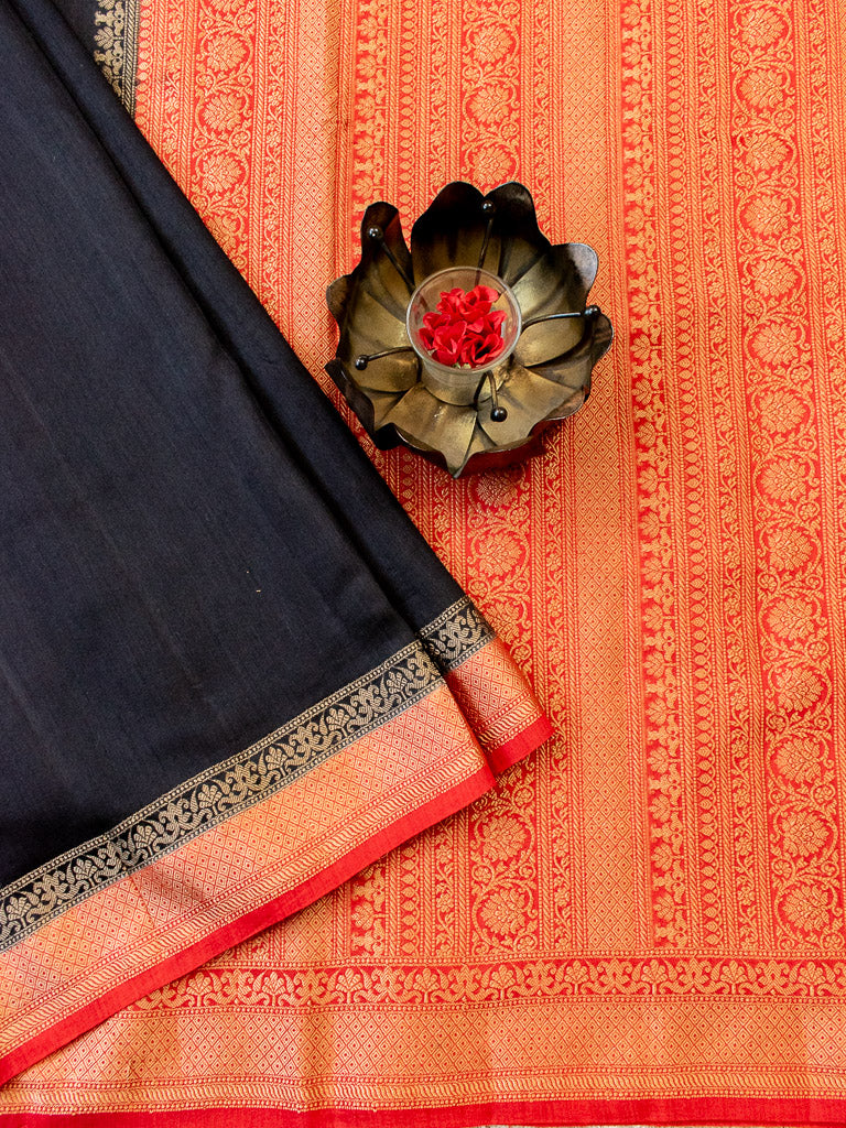 Banarasi Handwoven Pure Muga Silk Saree With Antique Resham Border-Black & Red