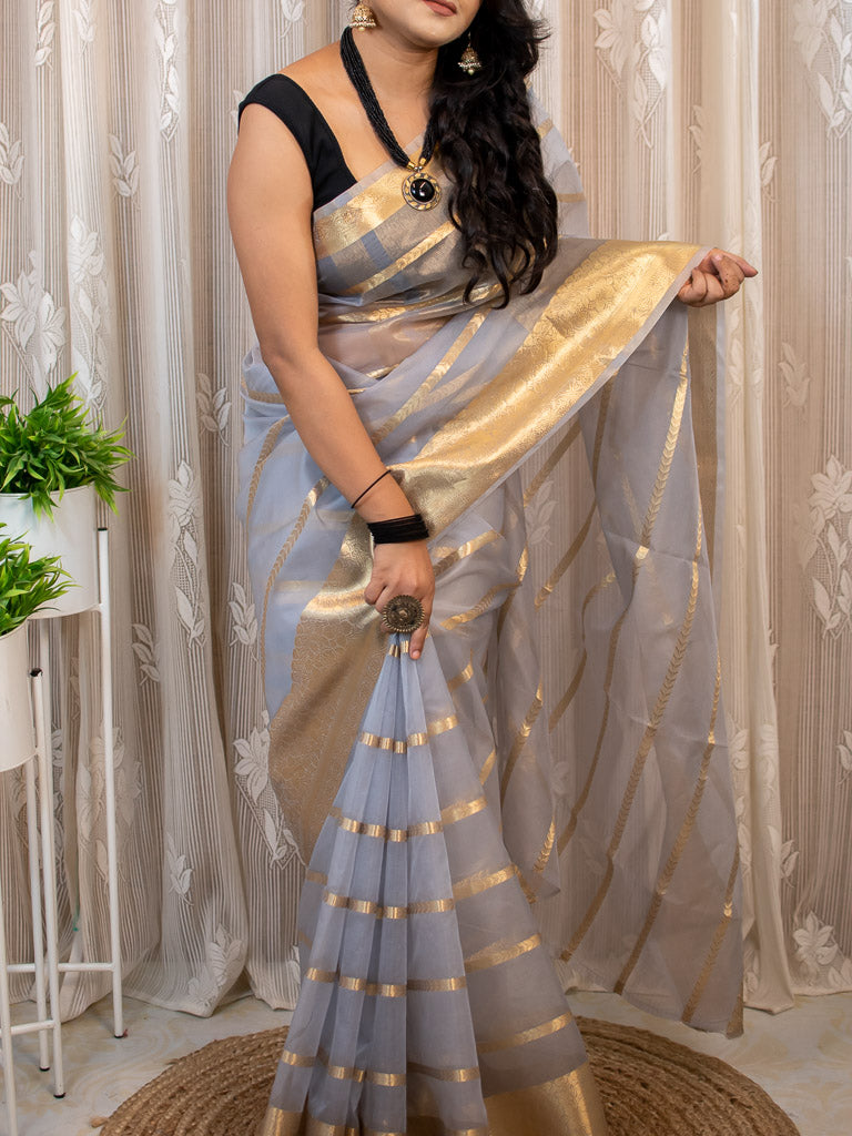 Banarasi organza Saree With Zari Weaving-Grey