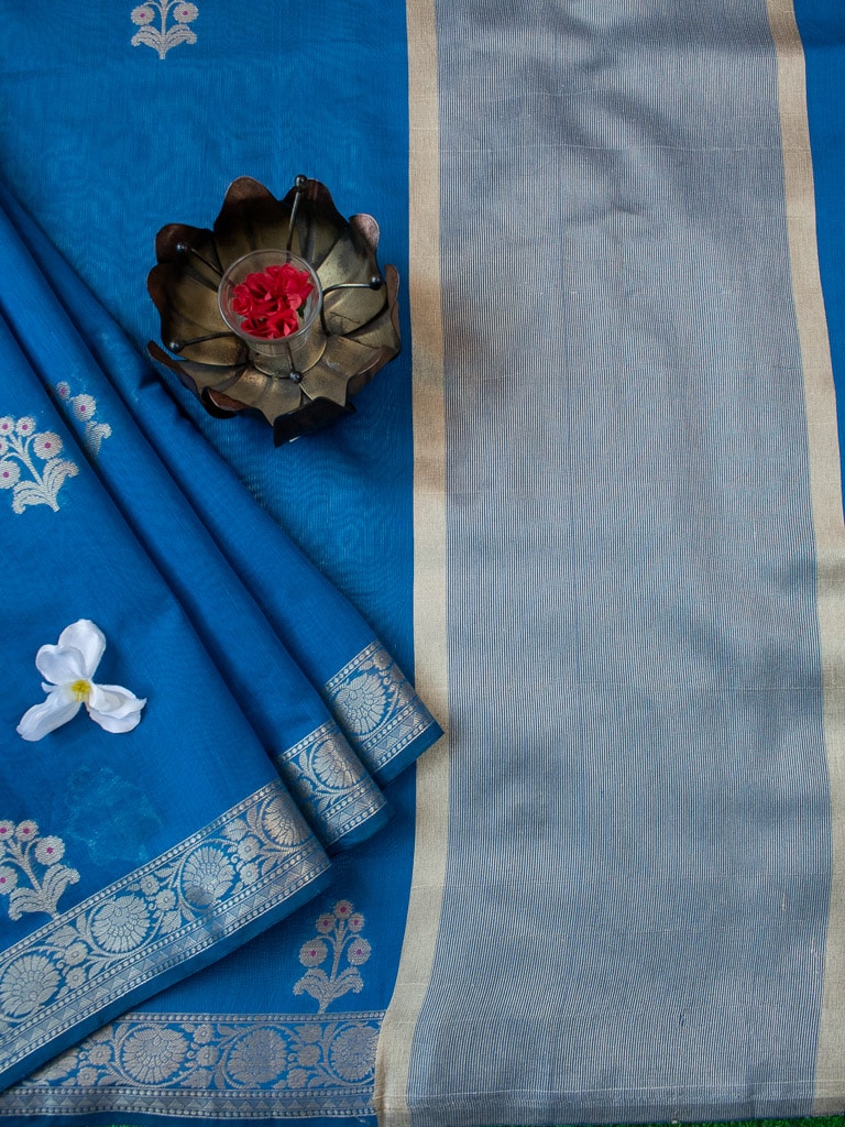 Banarasi Cotton Silk Saree With Zari & Meena Weaving Border-Blue