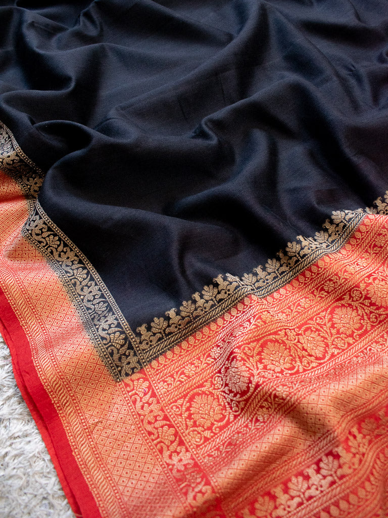Banarasi Handwoven Pure Muga Silk Saree With Antique Resham Border-Black & Red