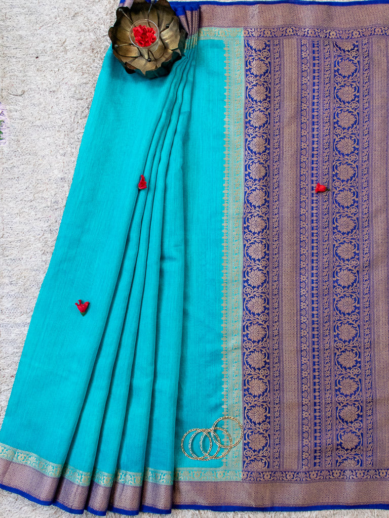 Banarasi Handwoven Pure Muga Silk Saree With Antique Resham Border-Blue