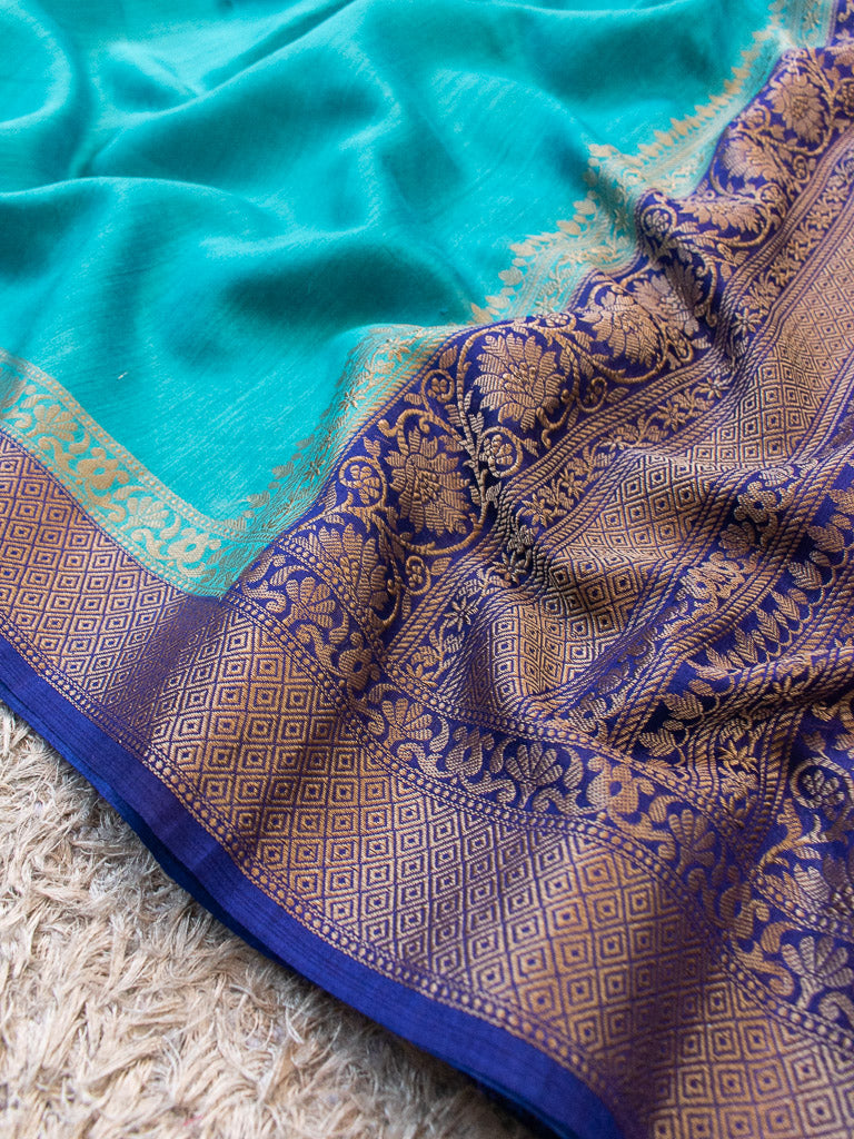 Banarasi Handwoven Pure Muga Silk Saree With Antique Resham Border-Blue