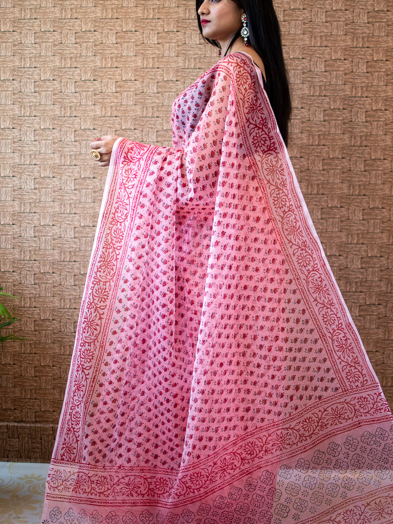 Banarasi Kota Check Block Printed Saree-Pink