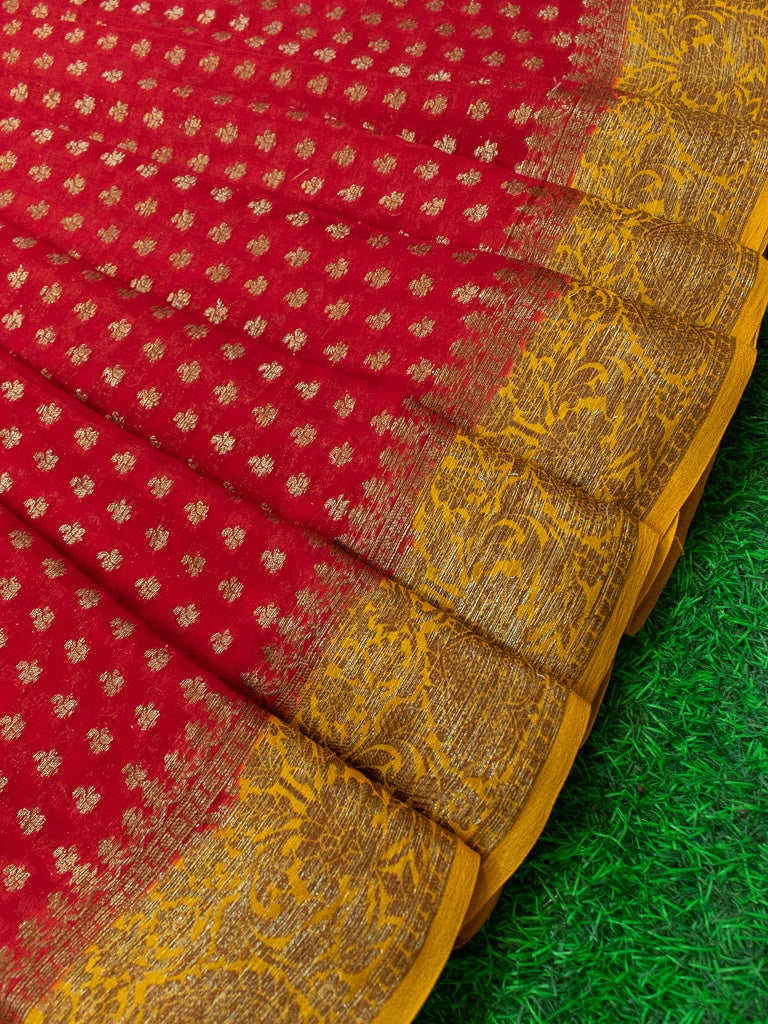 Banarasi Pure Georgette Saree With Antique Zari Buti Weaving & Contrast Border-Red & Yellow