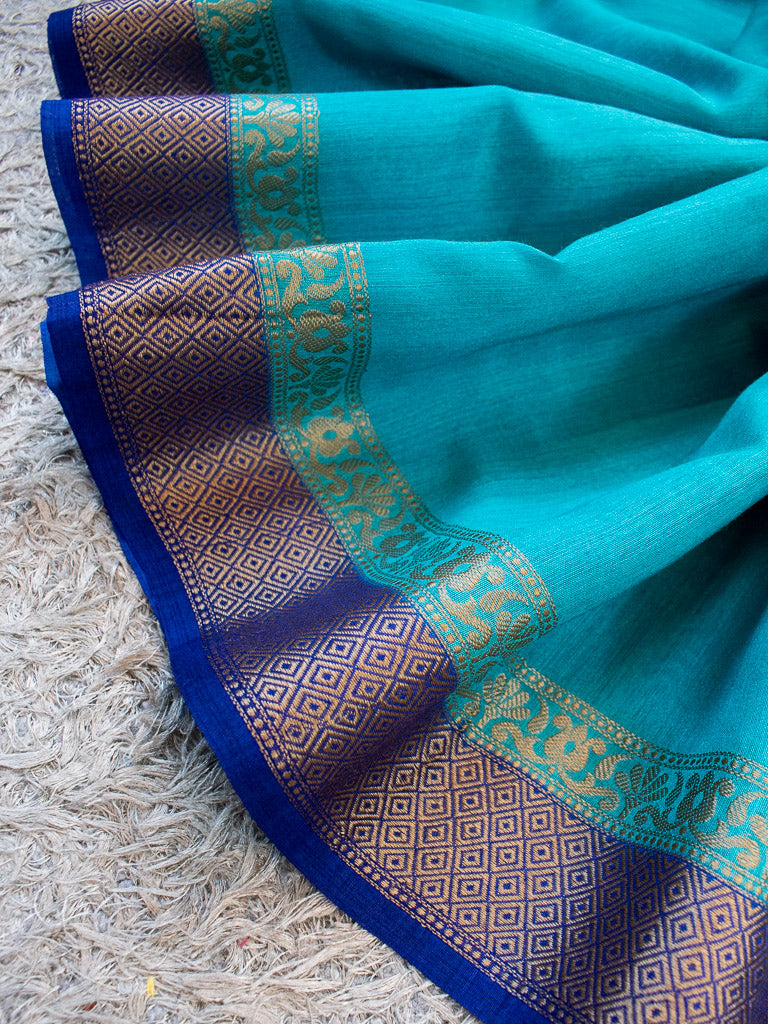 Banarasi Handwoven Pure Muga Silk Saree With Antique Resham Border-Blue