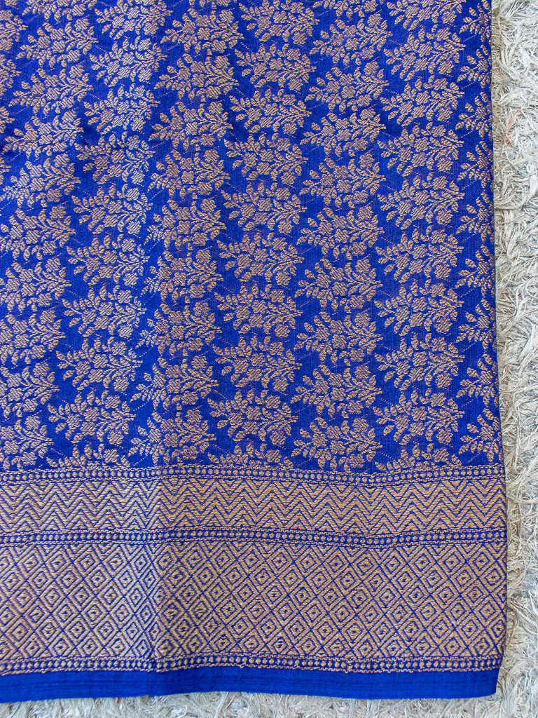 Banarasi Handwoven Pure Muga Silk Saree With Antique Resham Border-Blue