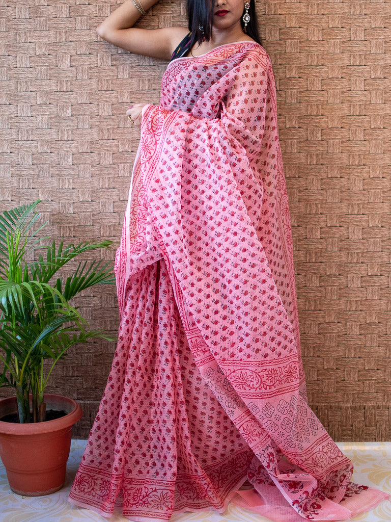 Banarasi Kota Check Block Printed Saree-Pink