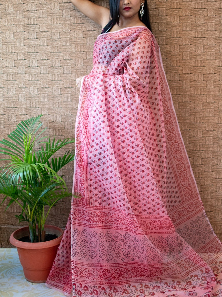 Banarasi Kota Check Block Printed Saree-Pink