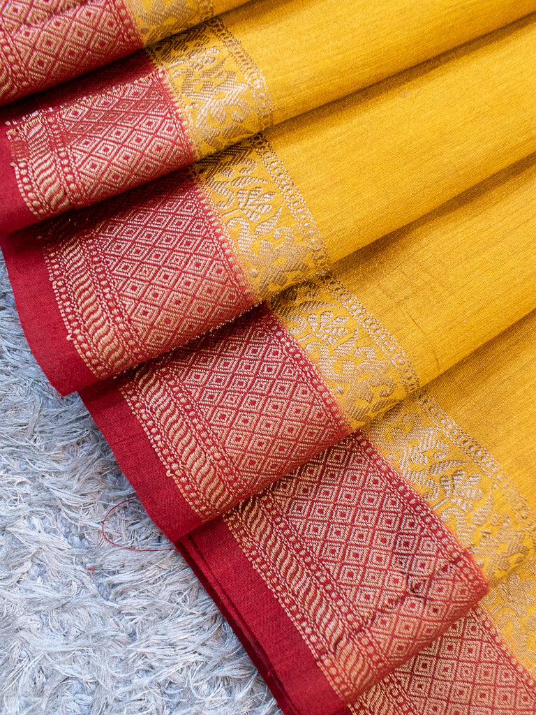 Banarasi Handwoven Pure Muga Silk Saree With Antique Resham Border-Yellow & Red