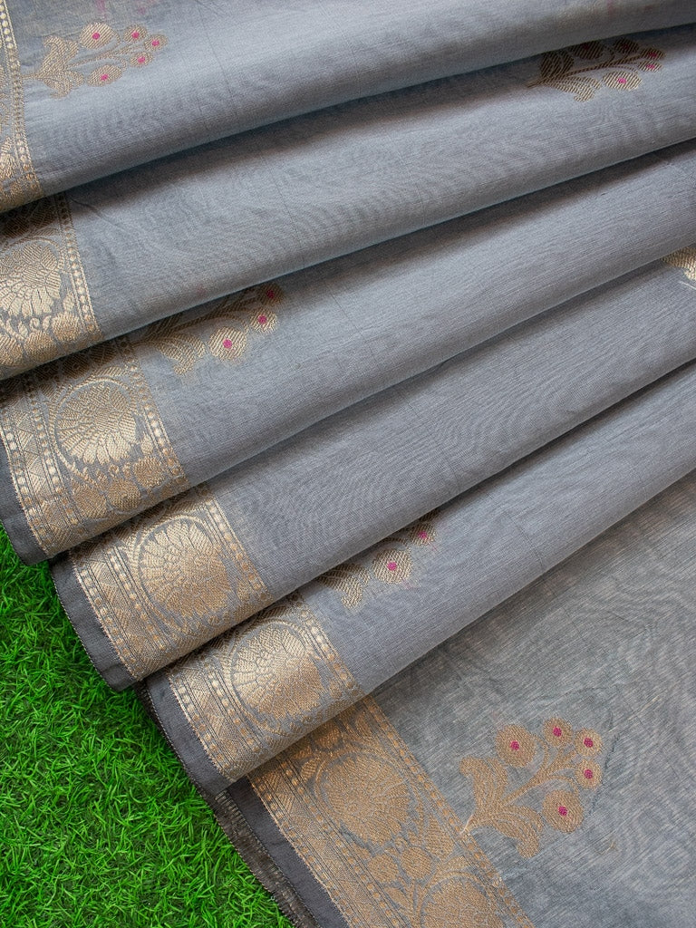 Banarasi Cotton Silk Saree With Zari & Meena Weaving Border-Grey