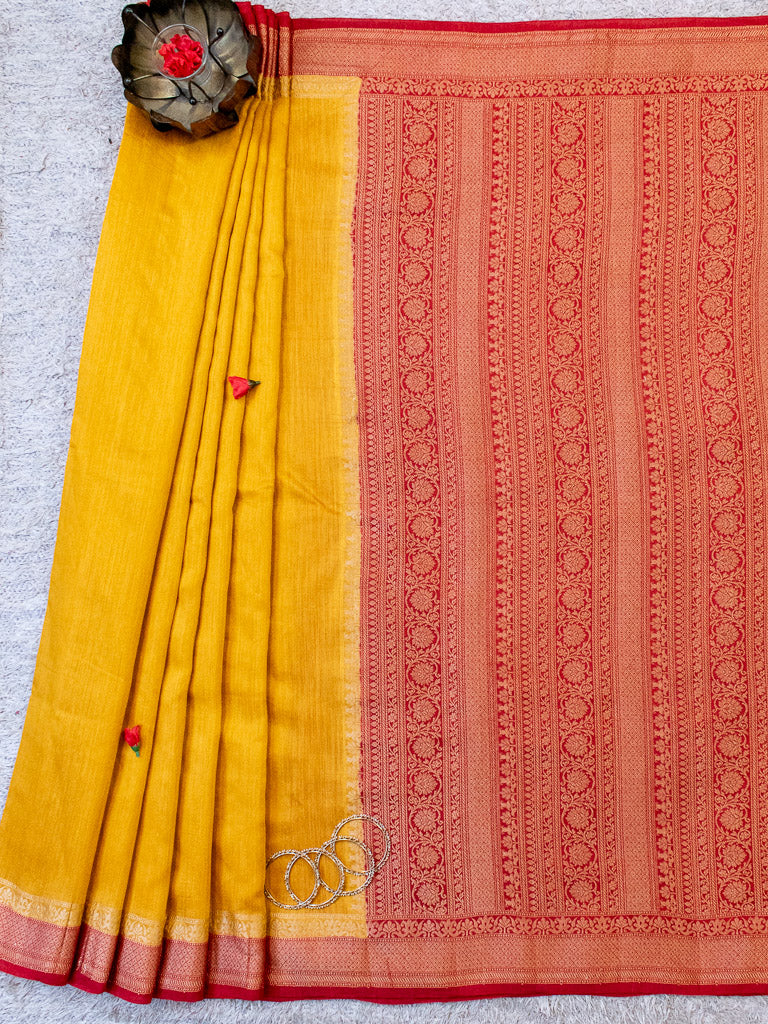 Banarasi Handwoven Pure Muga Silk Saree With Antique Resham Border-Yellow & Red