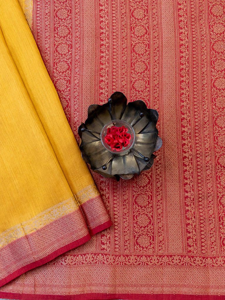 Banarasi Handwoven Pure Muga Silk Saree With Antique Resham Border-Yellow & Red