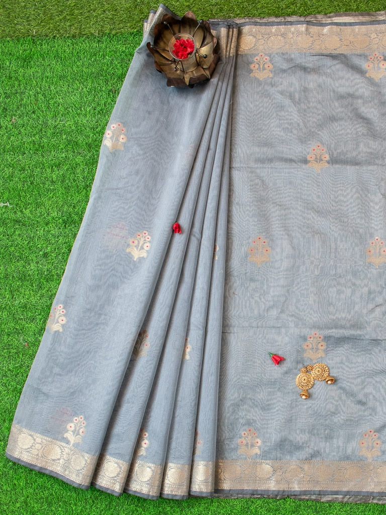 Banarasi Cotton Silk Saree With Zari & Meena Weaving Border-Grey