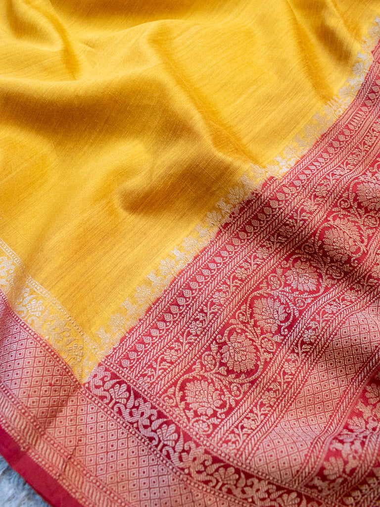 Banarasi Handwoven Pure Muga Silk Saree With Antique Resham Border-Yellow & Red