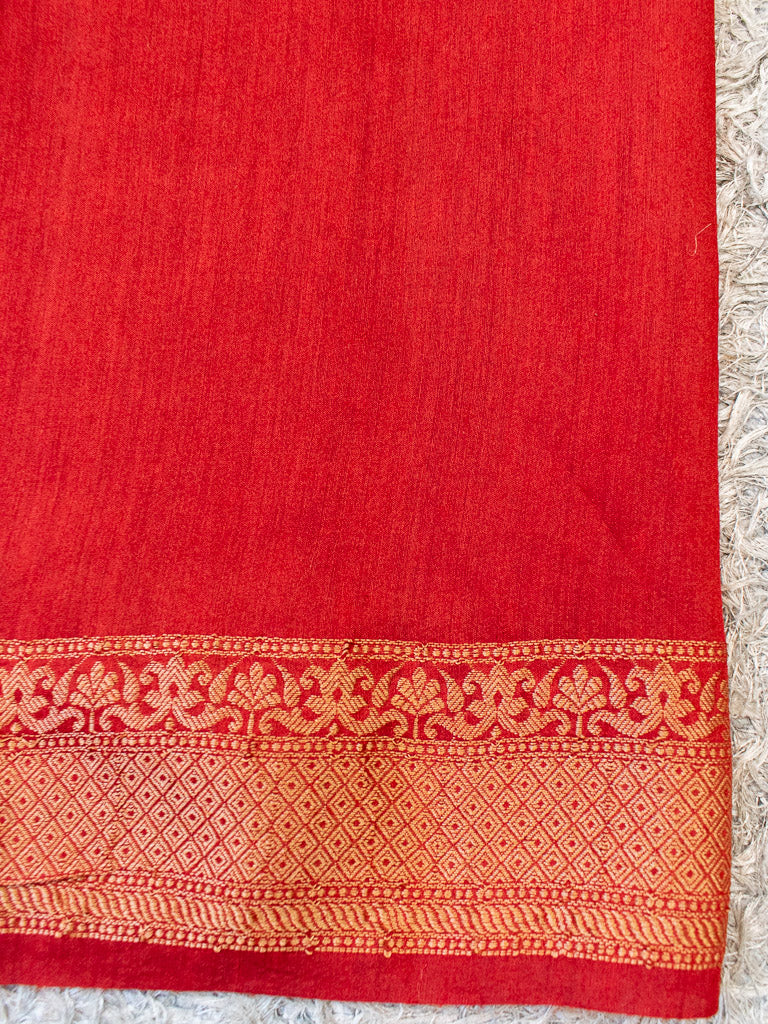 Banarasi Handwoven Pure Muga Silk Saree With Antique Resham Border-Yellow & Red