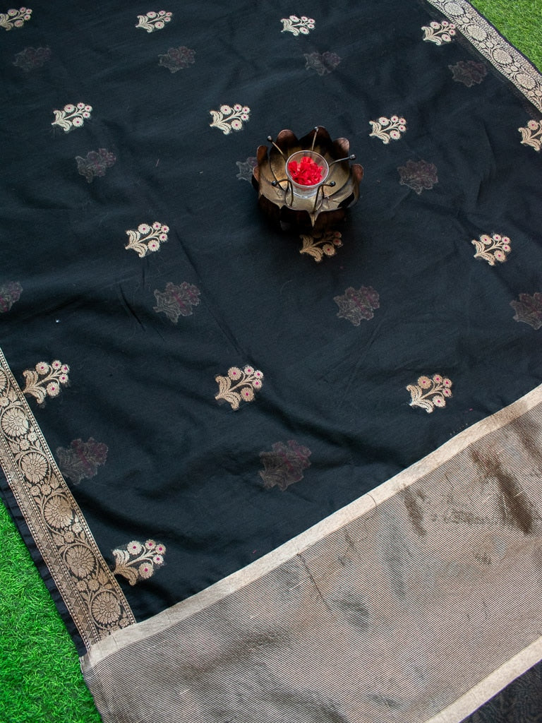 Banarasi Cotton Silk Saree With Zari & Meena Weaving Border-Black