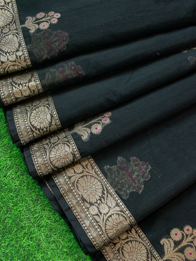 Banarasi Cotton Silk Saree With Zari & Meena Weaving Border-Black