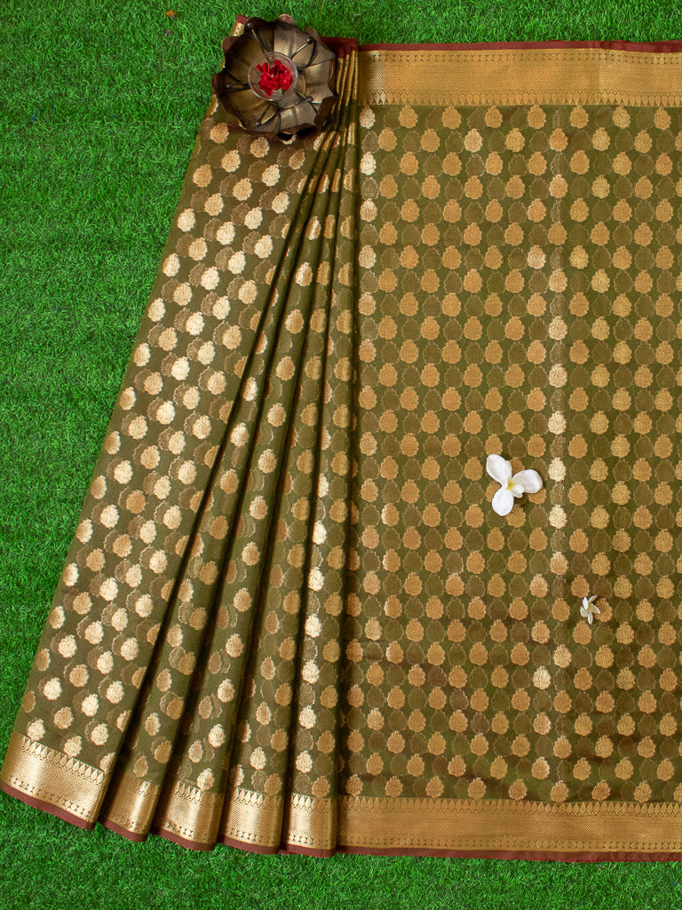 Banarasi Semi Silk Saree With Zari Buti Weaving -Mehndi Green