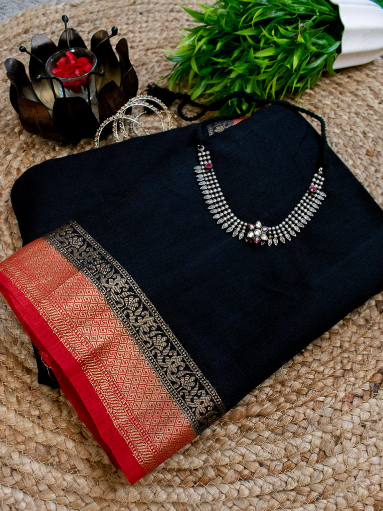Banarasi Handwoven Pure Muga Silk Saree With Antique Resham Border-Black & Red