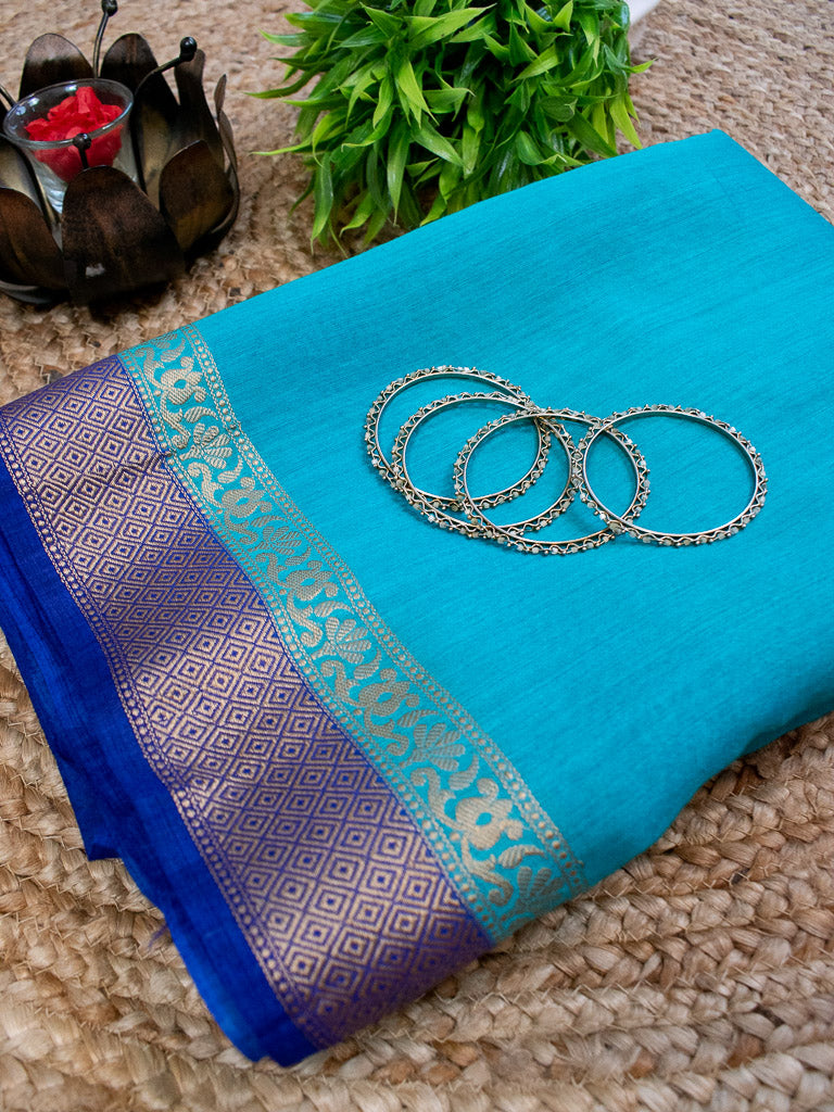 Banarasi Handwoven Pure Muga Silk Saree With Antique Resham Border-Blue